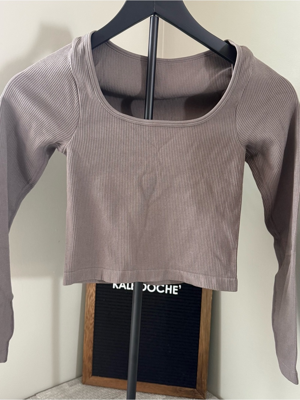 OQQ Ribbed Long-Sleeve Square Neck Crop Top — Taupe & Cream Bundle